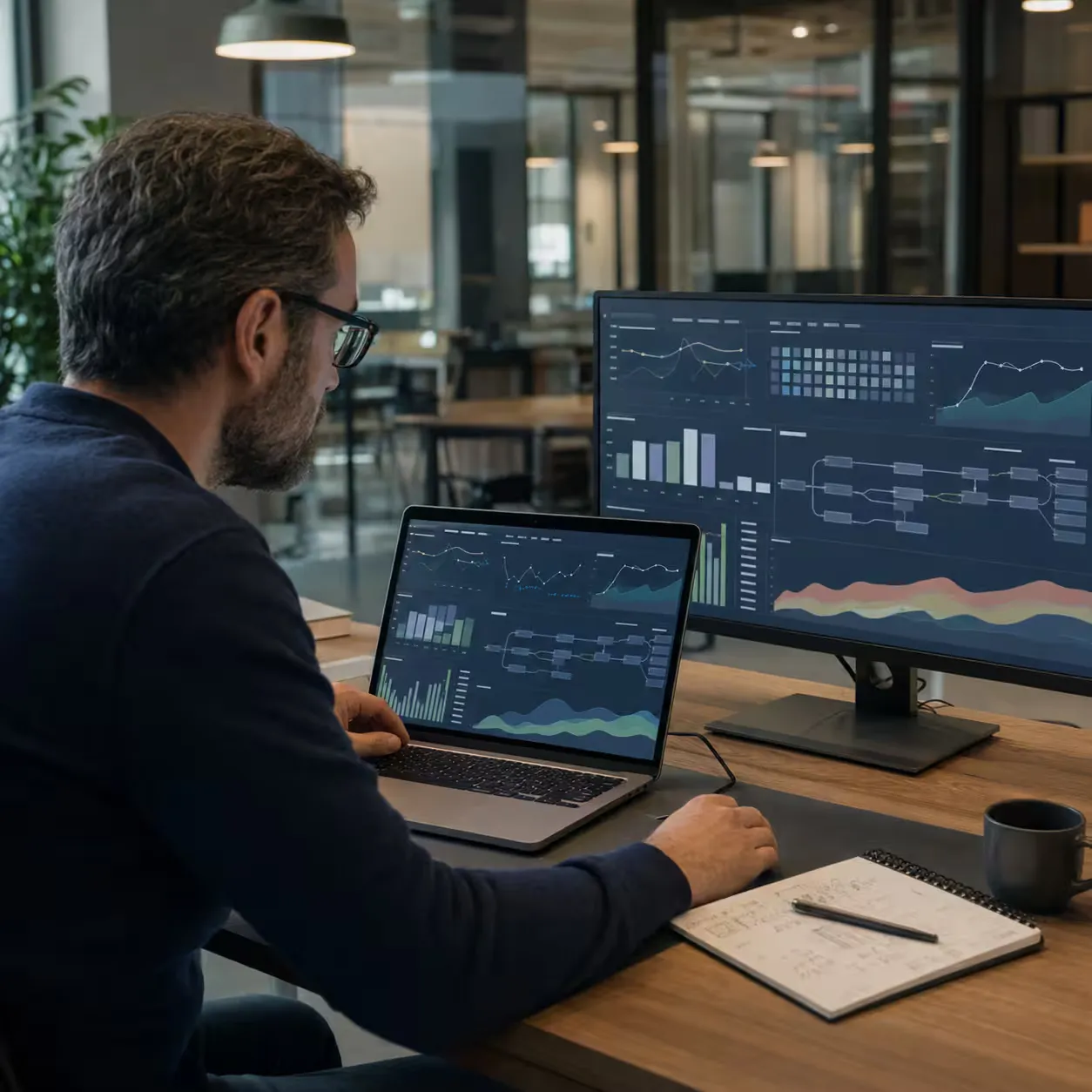 Professional reviewing a data architecture for supply chain planning.